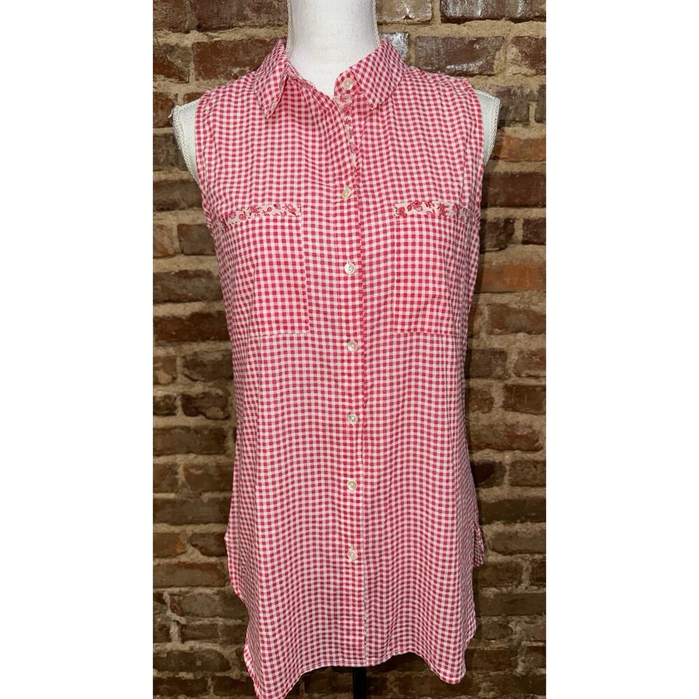 April Cornell Shirt Sleeveless Top Gingham Red White Cottagecore Womens Sz S